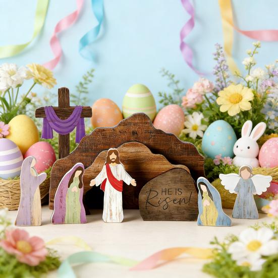 9Pcs/Set Empty Tomb Jesus Decoration Easter He Is Risen Wooden Table Sign Home Office Tabletop Resurrection Scene Christian Religious Ornament