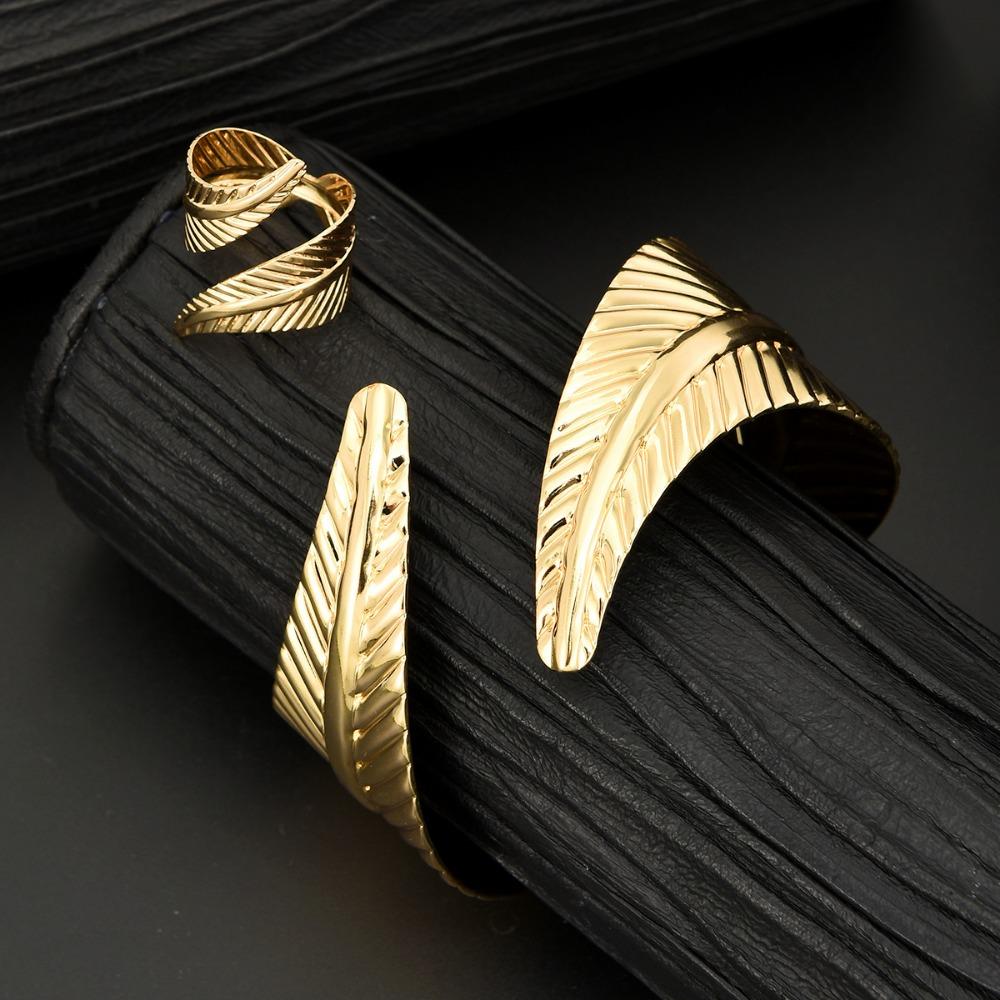 2PC European And American Women's Vintage  Leaf Shaped Bangle Ring Set Punk Metal Adjustable Bracelet Party Jewelry Accessory