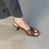 Fashion Small Man Minimalist Vintage Style Square Toe Crossover Thin Strap Versatile Commuter Stiletto Peep Toe Sandals High Heels