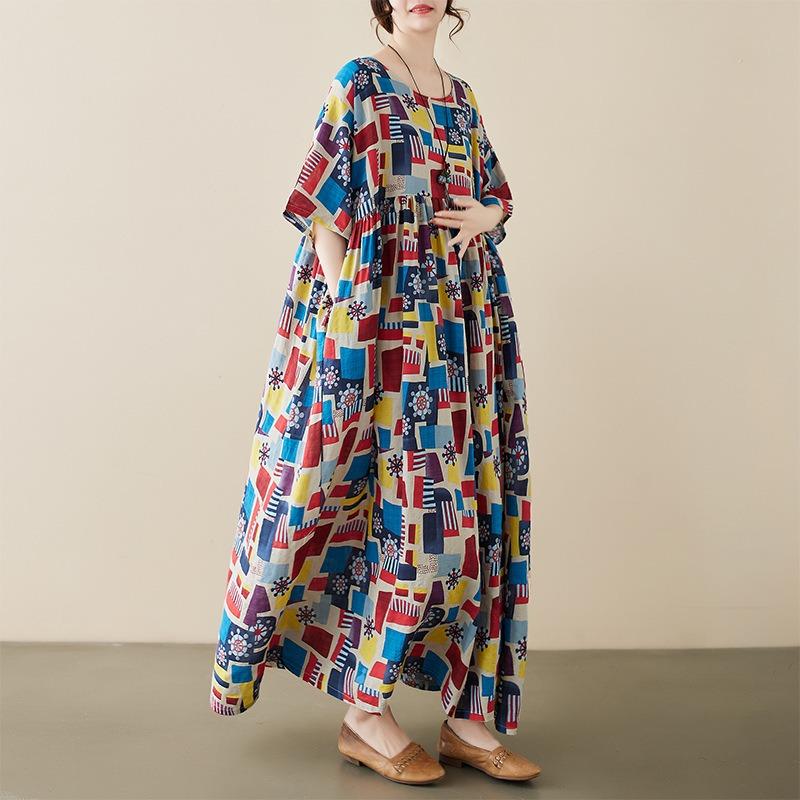 Simple literary and idyllic summer new loose and thin bohemian foreign trade short-sleeved dress, women