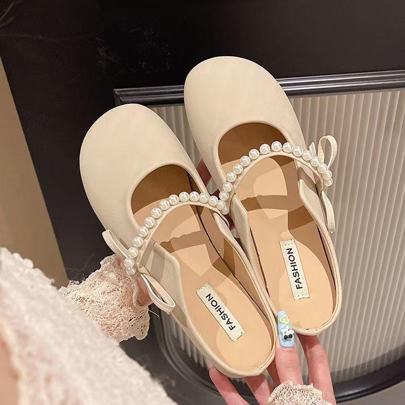 Women s Pearl Mary Jane Mules Slip-On Flat Sandals Bow Knot Closed Toe Backless Casual Loafers Fashion Summer Slippers 36-37