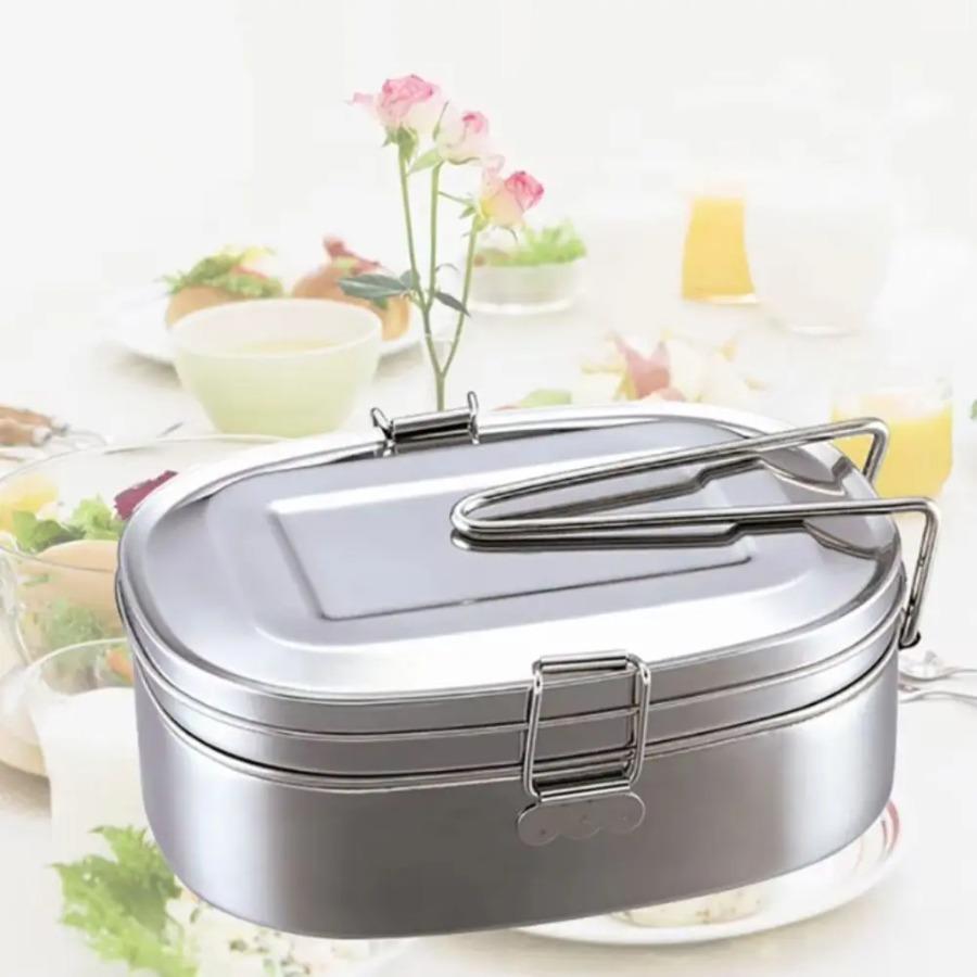 Prostokątny Lunchbox ze Stali Nierdzewnej Składany Uchwyt 1/2 Warstwy Pojemnik na Żywność Szczelny Nietłukący Pudełko do Przechowywania Żywności Szkoła