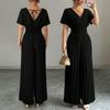 Women's V Neck Short Sleeve High Waist Pleated Jumpsuit Casual Wide Leg Pantsuit
