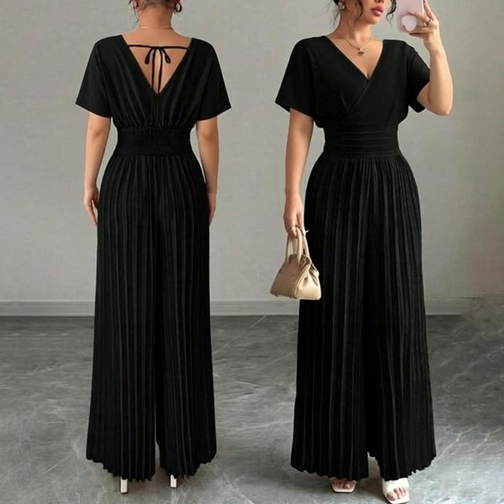 Women's V Neck Short Sleeve High Waist Pleated Jumpsuit Casual Wide Leg Pantsuit