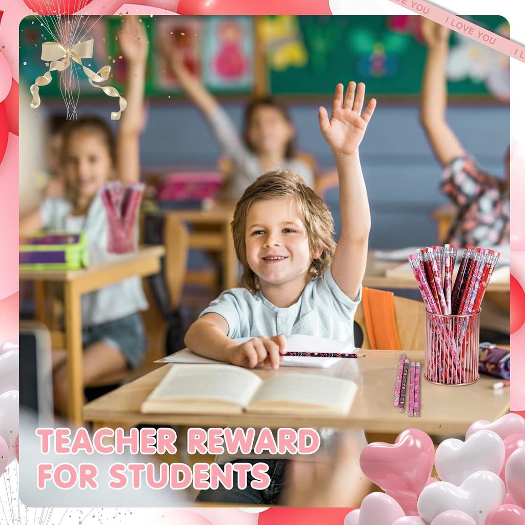 24 Pieces Valentine's Day Pencils for Kids Valentines Pencil Bulk Holiday Pencils with Top Erasers Pencils for Valentine's Day Gifts Party Favors