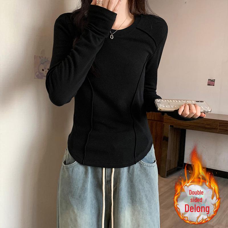 Women's Slim Fit Long-Sleeve Velvet T-Shirt – Retro European Fishbone Waist, Autumn/Winter