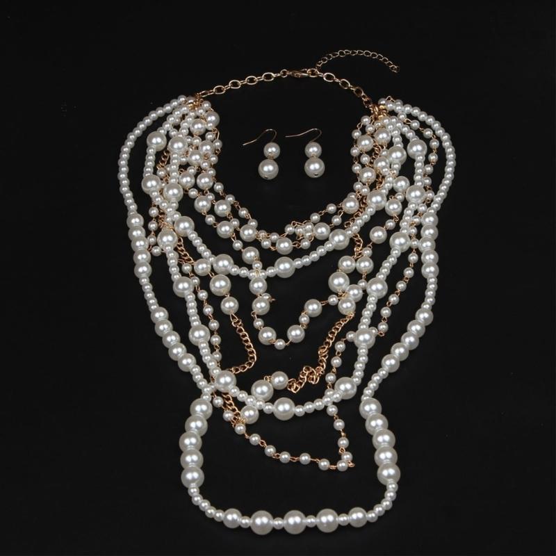 Elegant Multilayer Pearls Necklace and Earrings Set for Women Featuring Handmade Beading and Fashionable Designs