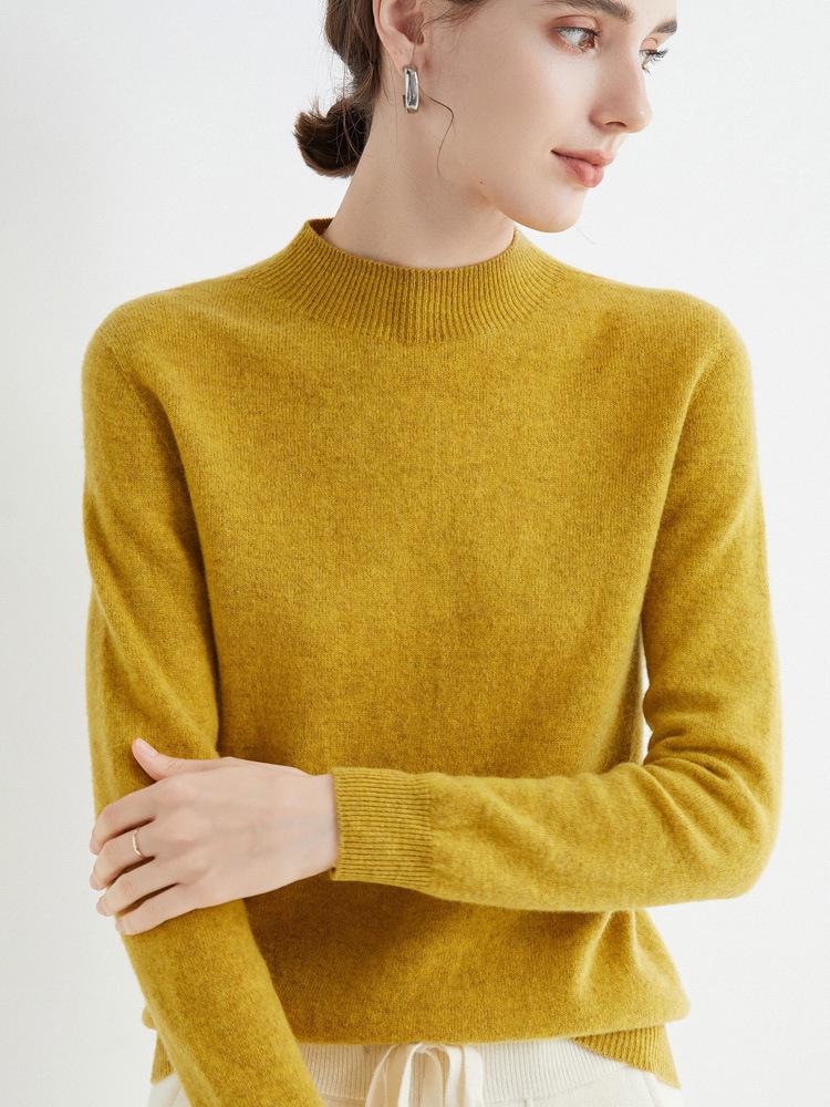 Women's Slim-Fit Autumn Sweater: Fashionable Half-High Neck, Versatile Pure Wool for Base Layer or Outerwear, Skin-Friendly
