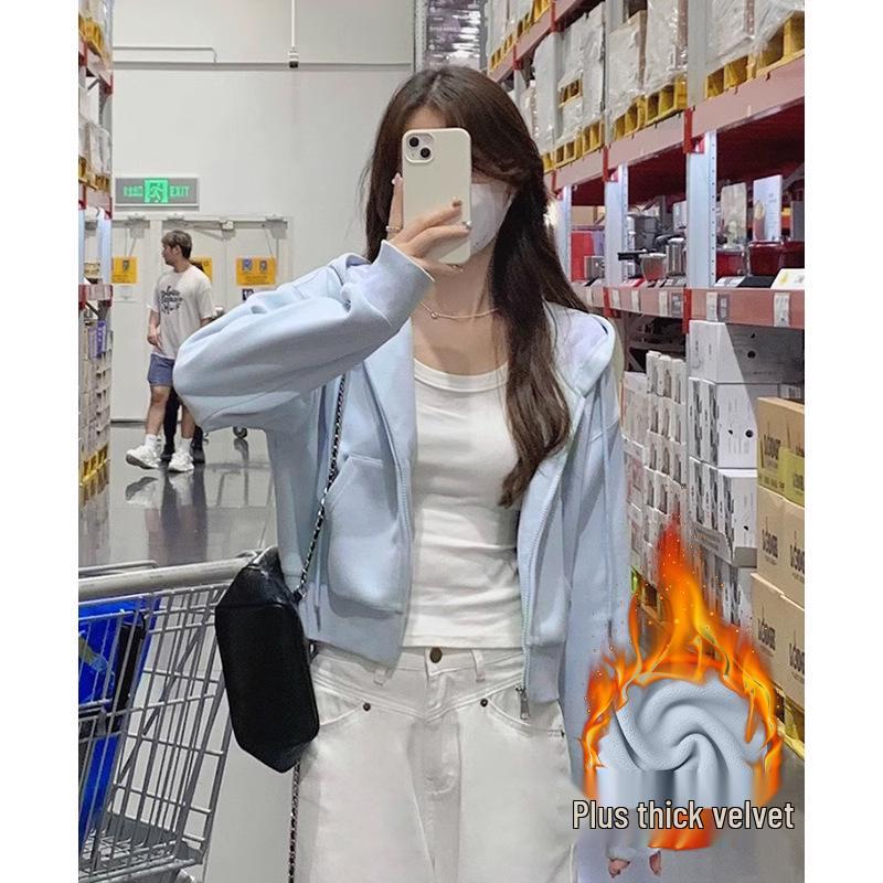 Women's Petite Gray Fleece-Lined Hooded Sweatshirt, Thickened, Short Jacket for Autumn and Winter