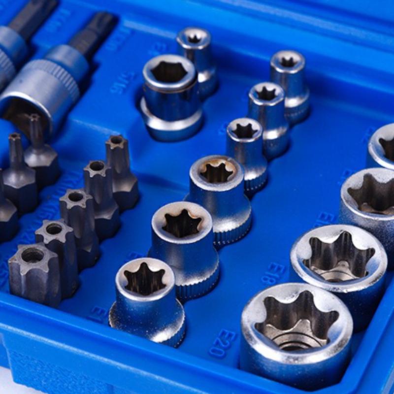 34pcs for Bit Socket and E-Torx Star Socket Set 1/4" 3/8" Drive Male Female E-torx Security Bits Handheld Tool Auto Repair Tool