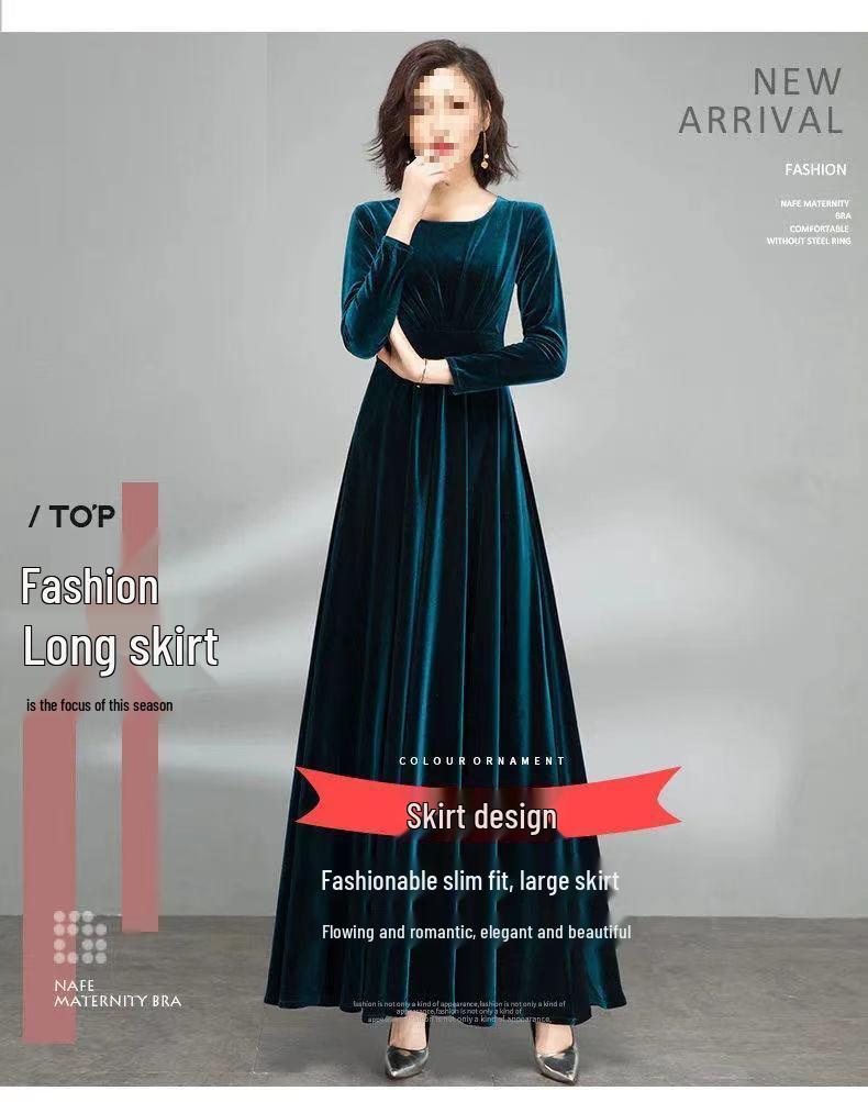 Elegant Autumn/Winter Golden Velvet V-Neck Pleated A-Line Dress with Waist-Cinching and Wide Hem