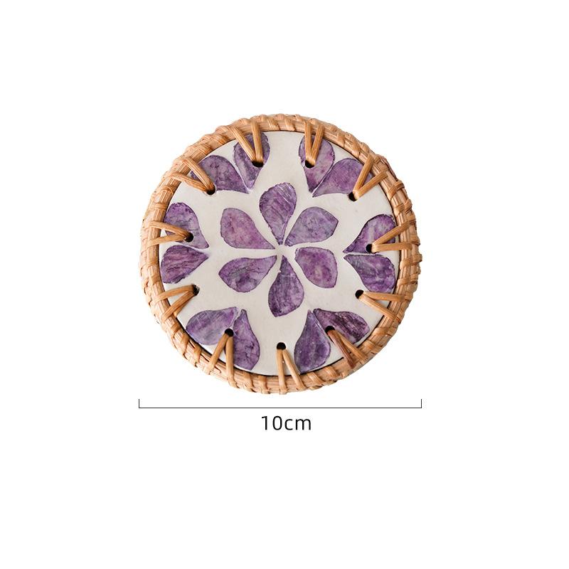 Rattan Shell Coaster Ceramic Heatproof Tea Mat Handwoven Shell Table Mat Decorative Round Coaster Nordic Style