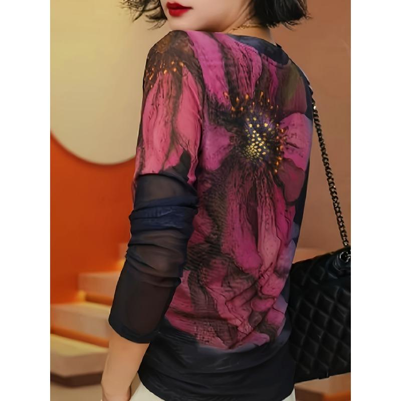 Floral Print Crew Neck Long Sleeve T-Shirt for Women - Semi-Sheer Stretch Top Purple Floral Design, High Elasticity for Spring & Fall Casual Wear