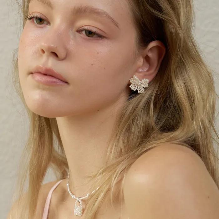 Pearl Beads Ribbon Earrings