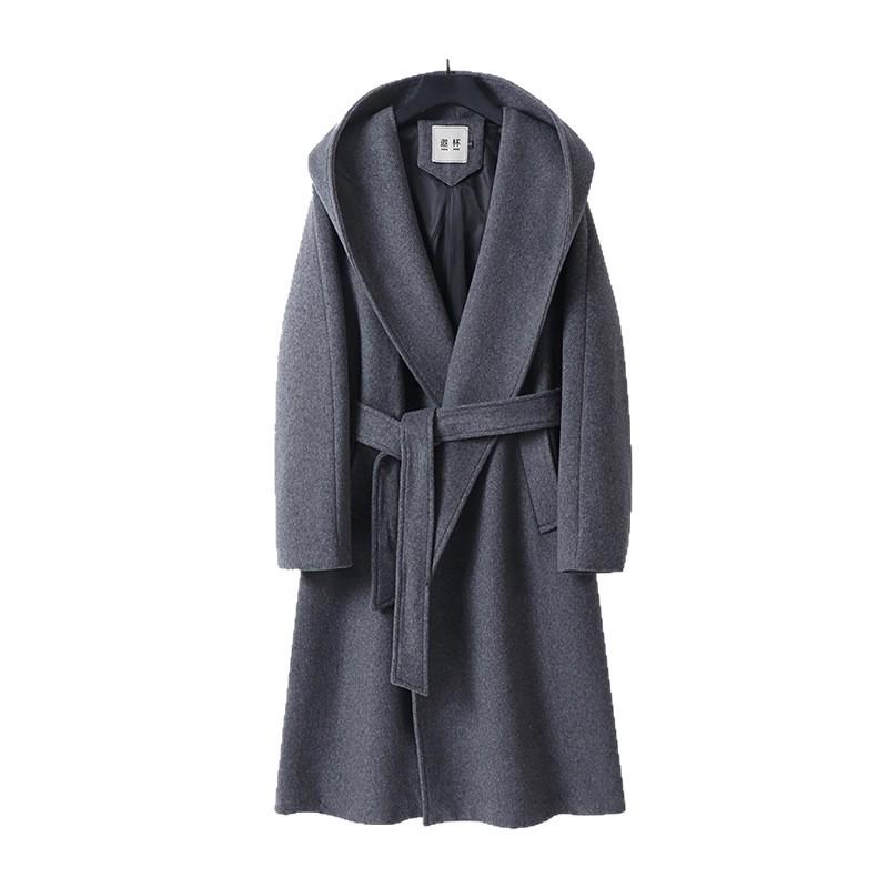 Winter Wool Cashmere Hooded Bathrobe: Long, Cozy, Belted Outerwear Coat Without Buttons