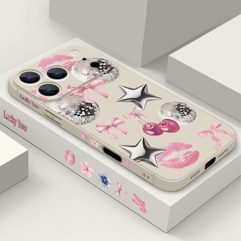 Für iPhone 17 Pro Max Hülle Kirsch-Schleifen Lippen Discokugel Weiches Silikon Lanyard Hülle Für iPhone 16 Pro Max Hülle iPhone 15 14 13 12 11 16E