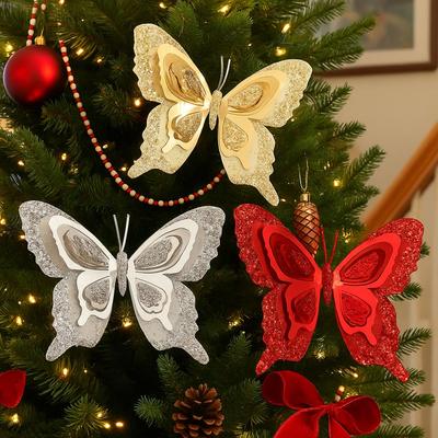 Glitter Christmas Butterfly Pendant with Clip Colorful Butterfly Hanging Decor Realistic Reusable Artificial Butterfly Ornaments