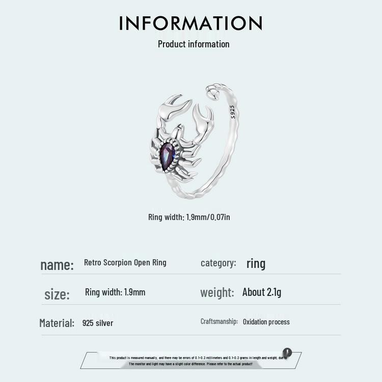 Yin Ziyun Retro Scorpion Open Ring: Unique 925 Sterling Silver Insect Bracelet