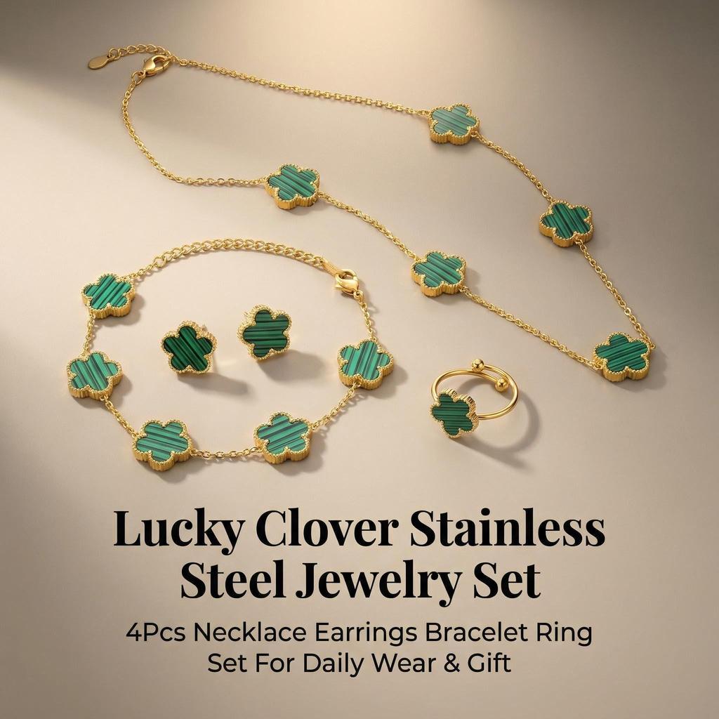 18K Gold Plated Stainless Steel 5 Leaf Clover Necklace Bracelet Earrings Ring 4pcs Jewelry Set for Women Lucky Gift