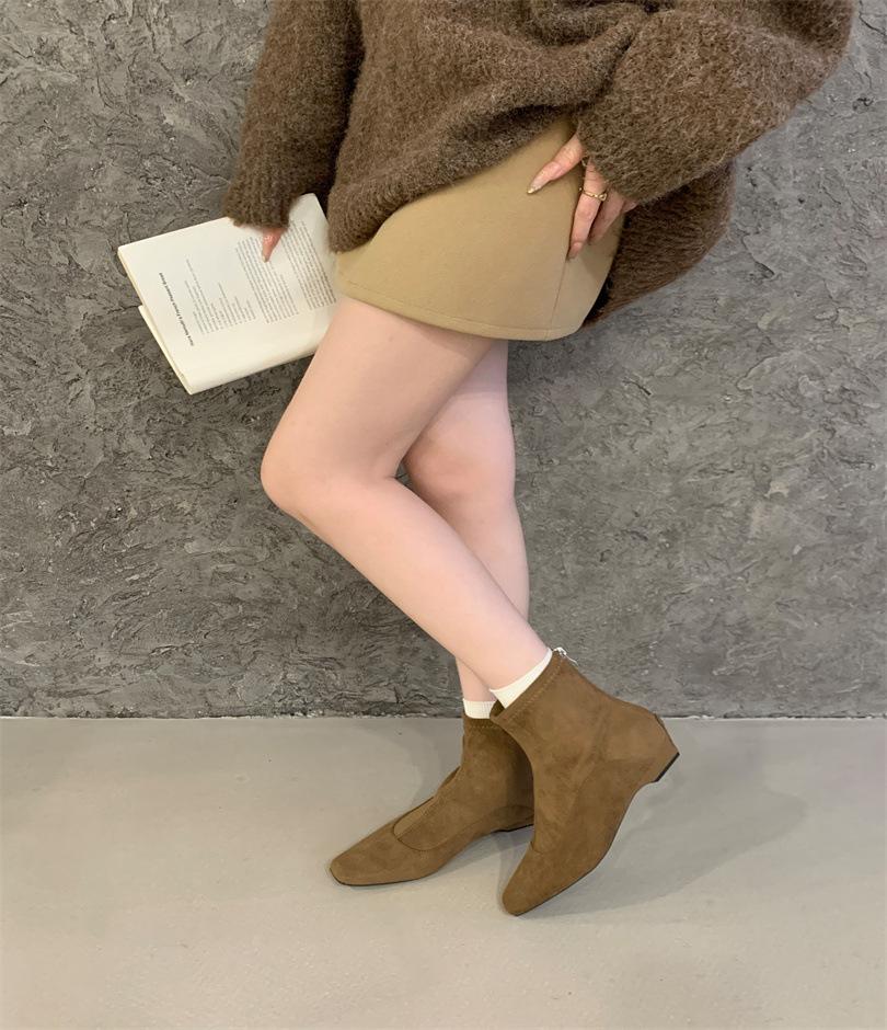 2025 New Autumn and Winter Pointed Flat-bottomed Short Boots Women's Suede Thin Boots Versatile Elastic Boots Versatile Short Boots Women