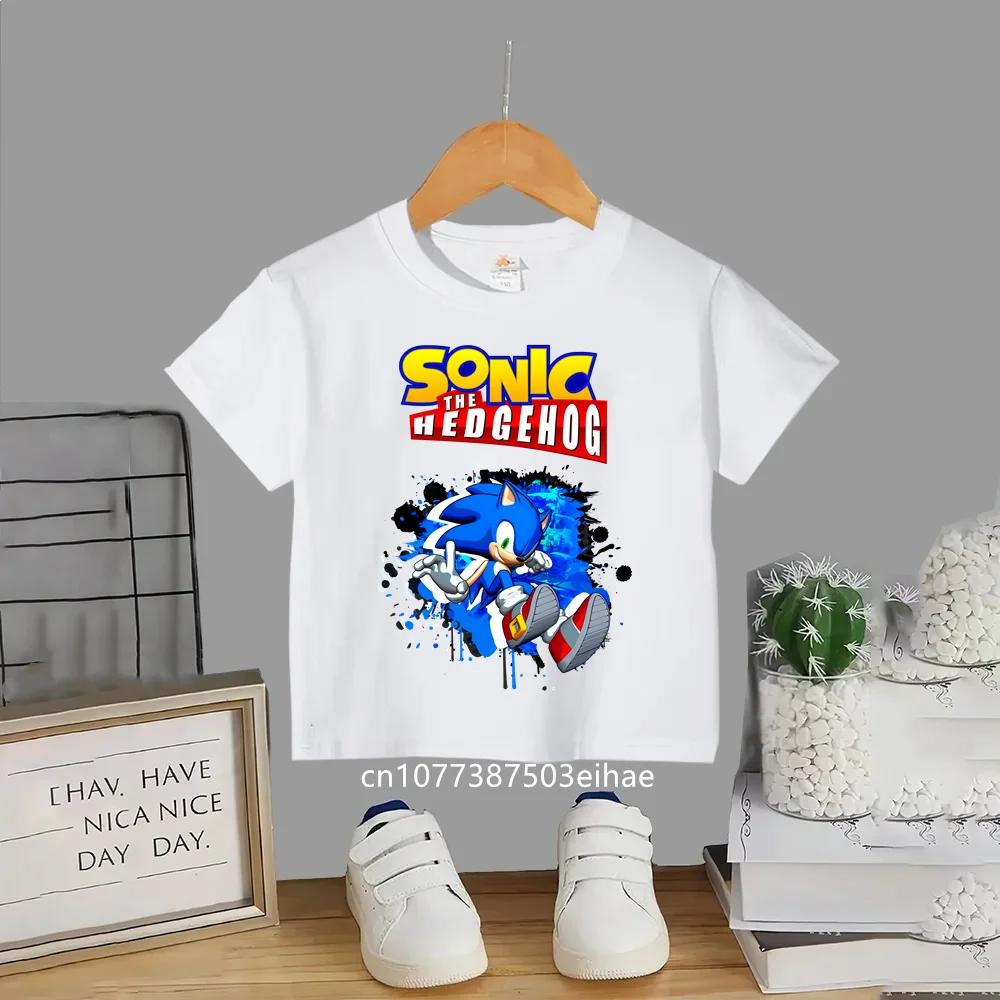 Summer Short Sleeve Kids TShirt Anime Sonic Cartoon Pattern Round Neck Casual Fashion Comfortable Breathable Daily Play Clothes