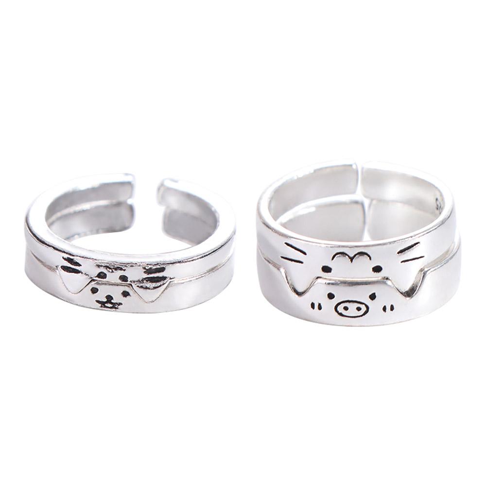 Dull Polish Animal Couple Ring Geometric Valentine's Day Gift Cat Opening Ring  Best Friends