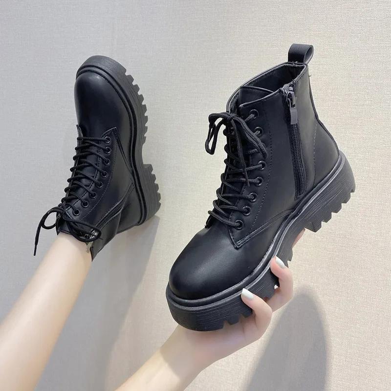 Fashion Plus Size 43 Women Motorcycle Ankle Boots Wedges Female Lace Up Platforms Black Leather Oxford Shoes Woman 2025