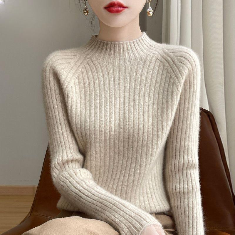 Autumn Winter Women Knitwear Slim Fit Semi High Neck Pure Color Loose Short Knitted Sweater Base Layer