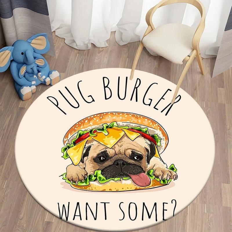 Cute Pug Dog Round Carpet Kawaii Pet Area Rug for Living Room Bedroom Decor Anti-Slip Floor Mat Circle Kitchen Entrance Doormat