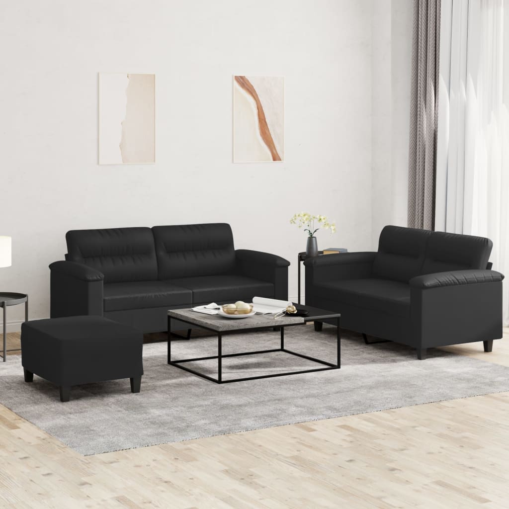 Vidaxl 3-Cz. Sofa Set with Cushions, Black, Faux Leather
