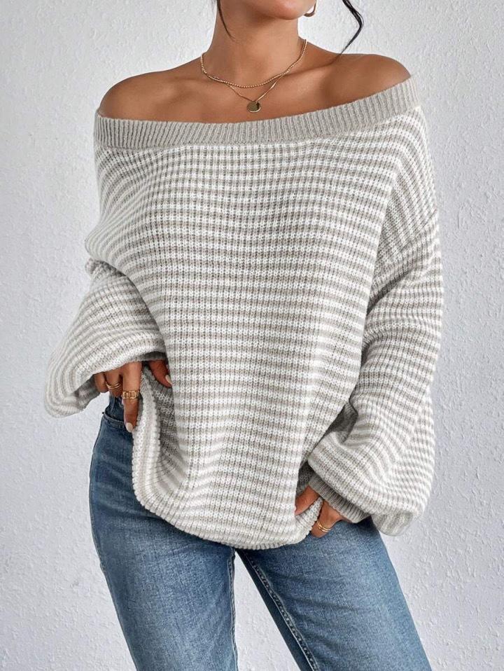 One-word neck knitted sweater versatile loose contrasting color striped lantern sleeve lazy wind sweater women's Europe and America