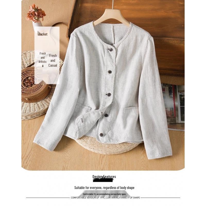 2025 Autumn Retro Cotton Linen Long Sleeve Cardigan Jacket Extra Large