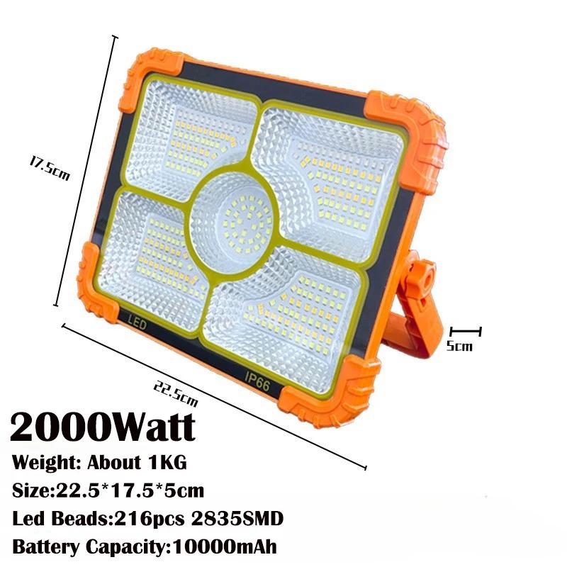 Newest 2000Watts LED Solar Floodlight Rechargeable Emergency Lighting Outdoor Camping Portable Lamp Waterproof Searchlight Hot