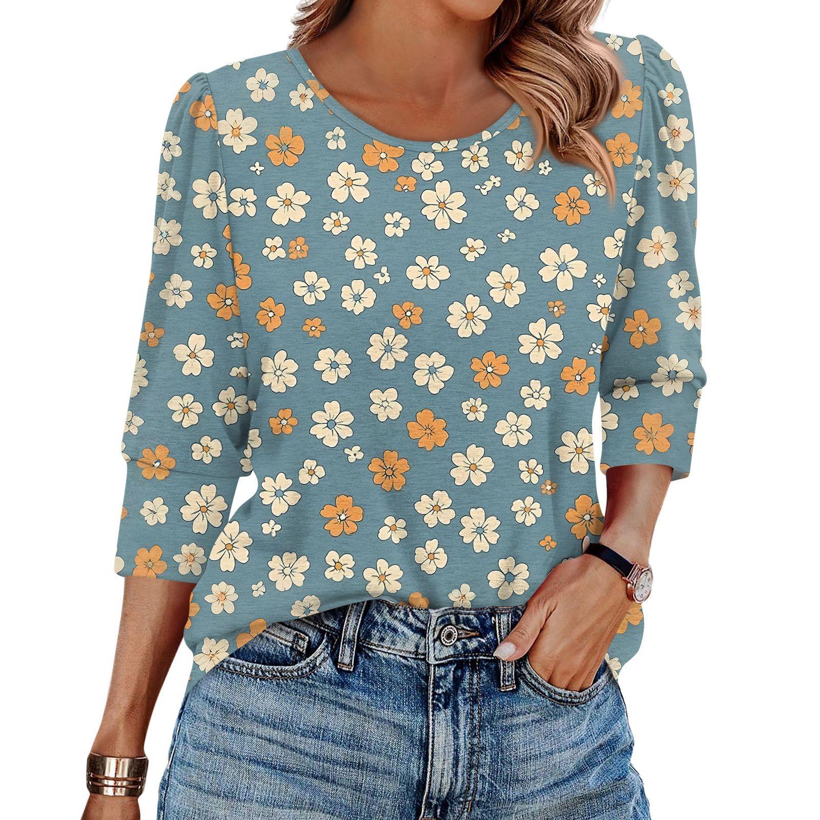 

Женская модная повседневная рубашка с рукавом 3/4 и принтом, женские топы с круглым вырезом L циан