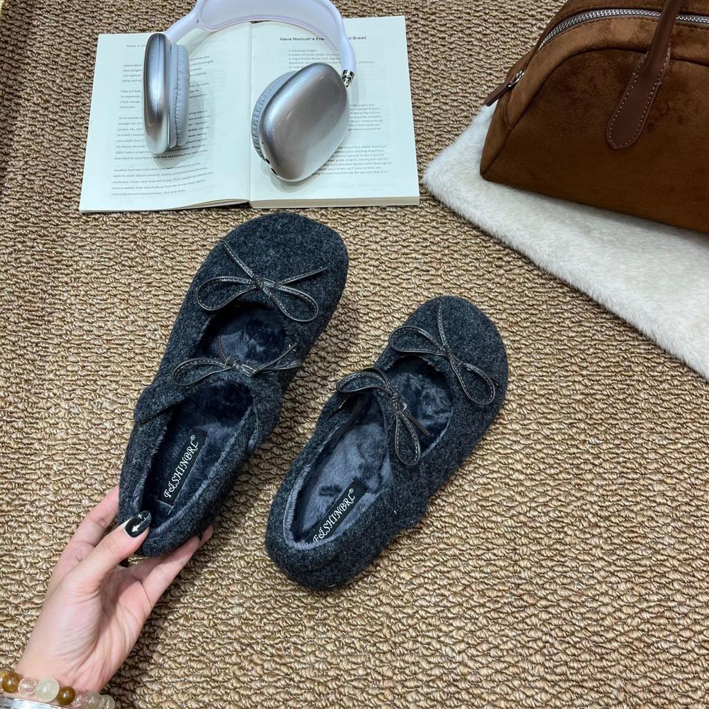 2025 Autumn and Winter New Round Head Bow Velvet Thick-soled Warm Women's Cotton Shoes Fashion Women's Single Shoes