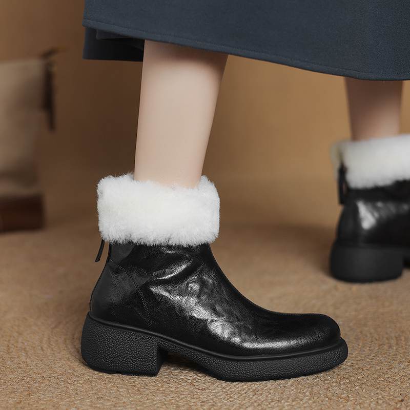 Krazing Pot Decorațiune plisată din piele de oaie Pantofi de toamnă iarnă Tocuri groase Mărimea 43 Mărimea 42 Vârf rotund Fermoar Retro Botine