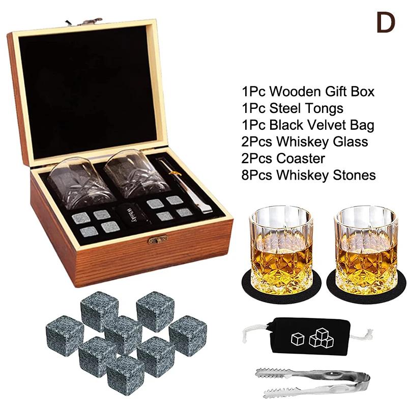 Dárek ke Dni otců pro muže Sada kamenných kostek na whiskey 8 ks Žulové kostky ledu + 2 ks sklenic na whiskey v dřevěné krabičce Dárek pro tátu