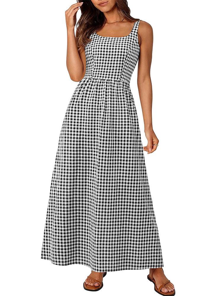 European & American Style Square Neck Plaid Shirred Dress - Fashionable Strappy Casual Women's Dress