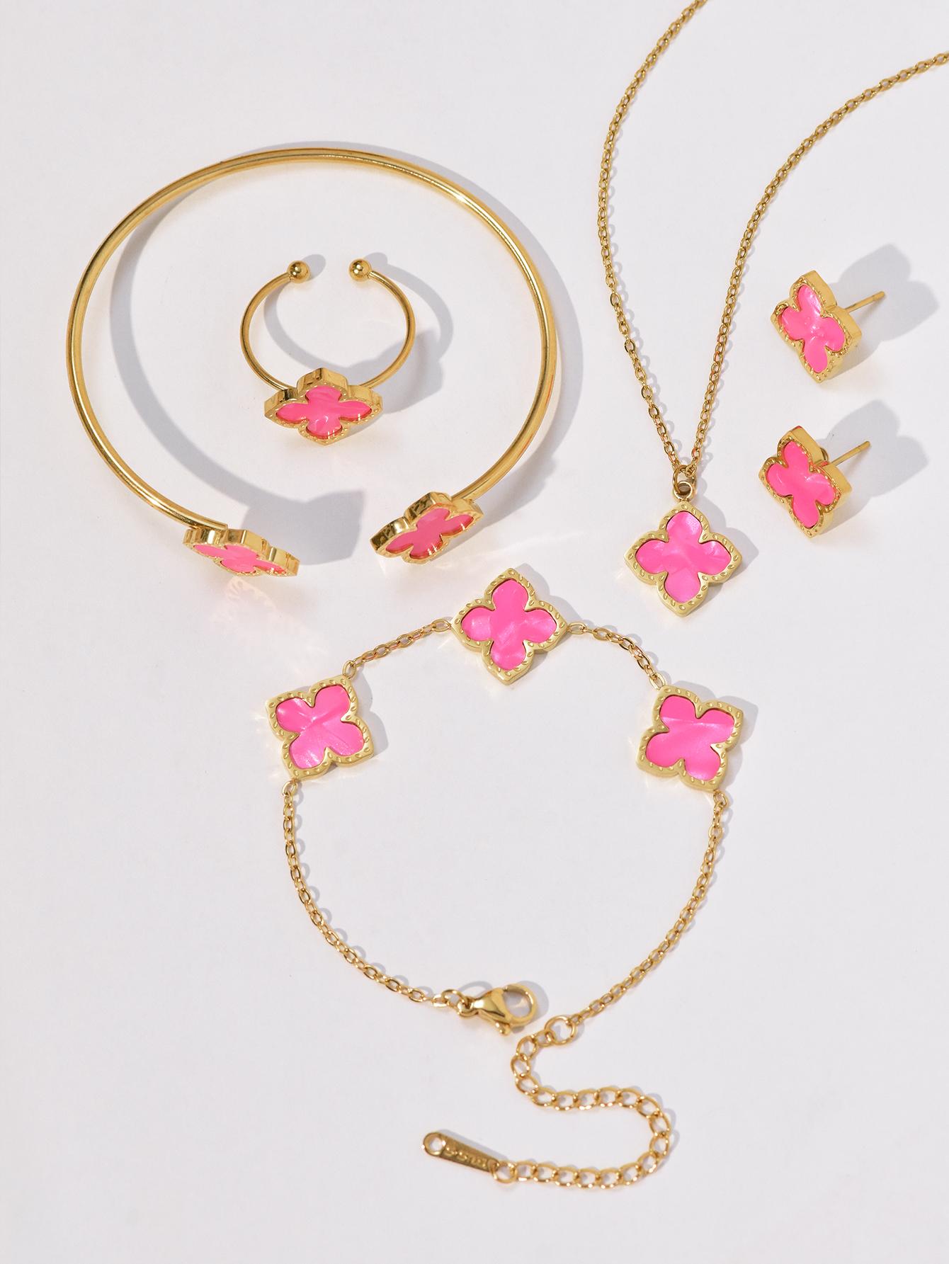 

1 комплект из нержавеющей стали, комплект украшений в виде клевера, ожерелье, браслет, кольцо, серьги, простой модный комплект