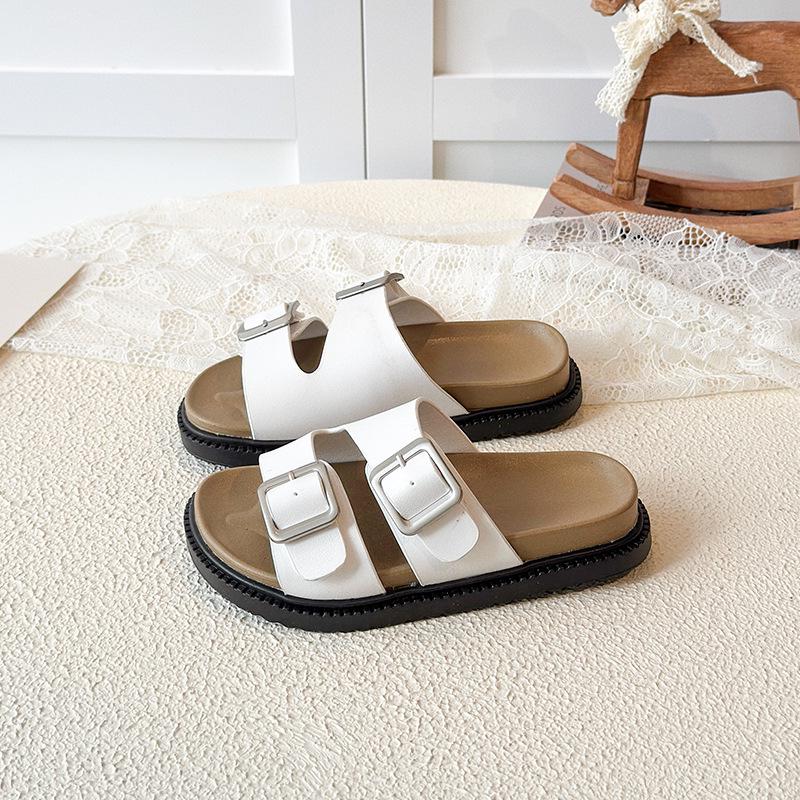 2026 Korean Style Leather Buckle Sandals for Girls - Casual Summer Outdoor Children's Birkenstock-Inspired Half-Closed Shoes