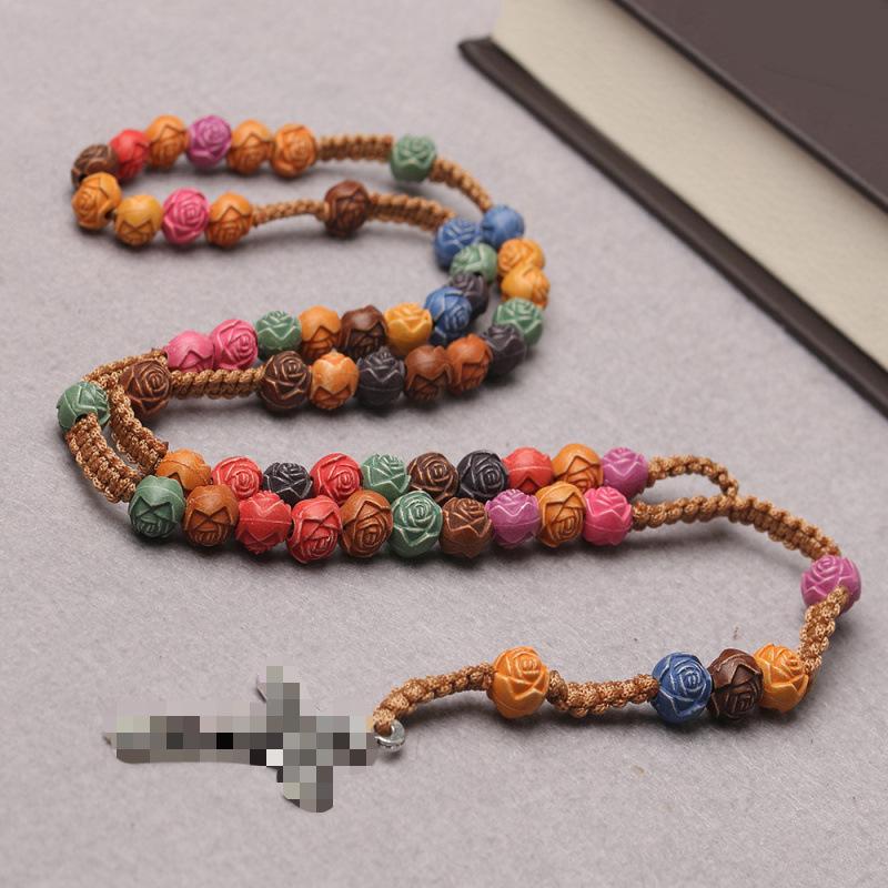 Rose Cross Necklace with Rosary Prayer Beads Jewelry