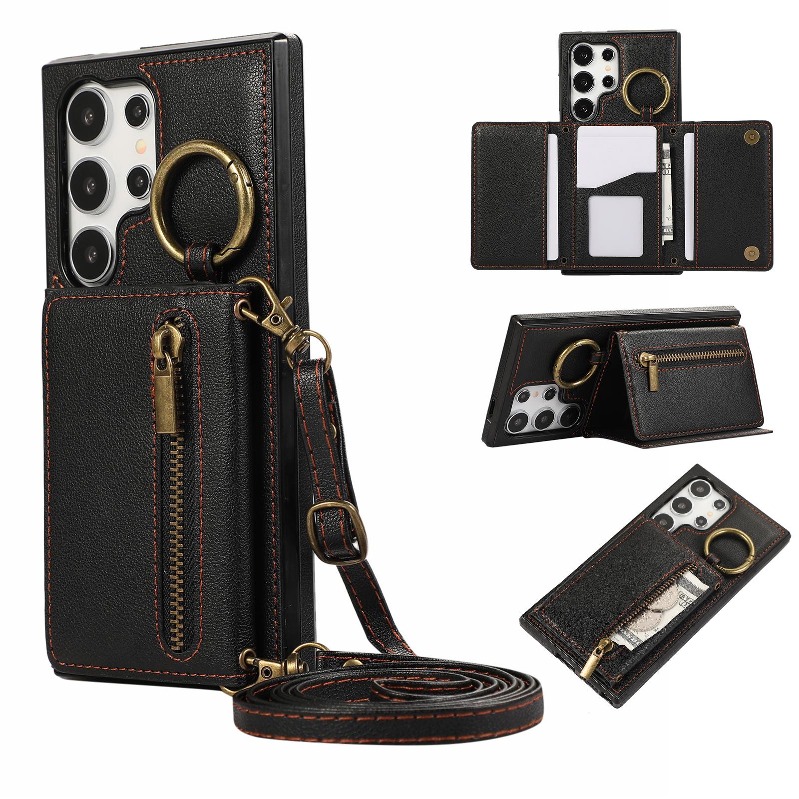 

For Samsung Galaxy S24 Ultra Leather Back Cover Zipper Wallet Kickstand Phone Case with Shoulder Strap Black