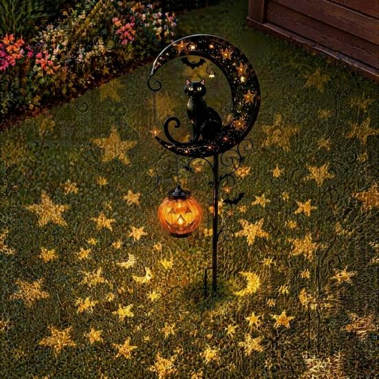 Spooky Bat Garden Decorations Halloween Solar Stake Light, Metal Black Cat & Pumpkin Moon Waterproof Illuminated Outdoor Decor for Lawn Patio