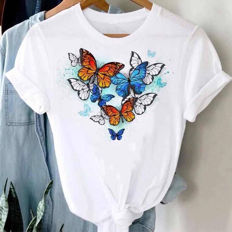 Summer Burst Cute Cartoon Butterfly Trend Letter Print Top T-shirt Woman Tops  Oversized T Shirt  Aesthetic Clothes