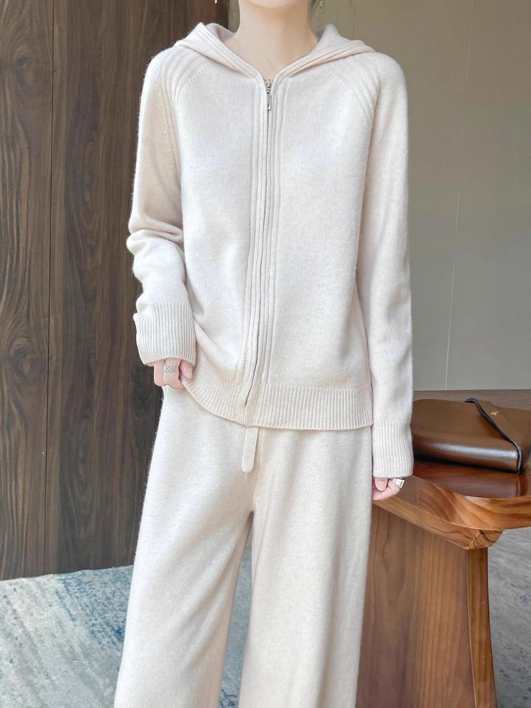 Luxury Women's Hooded Wool Set: Autumn/Winter Two-Piece with Zipper Cardigan & Wide-Leg Pants