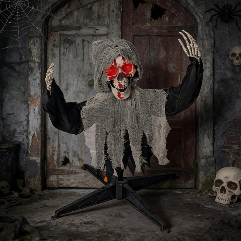 Animierter sprechender leuchtender Totenkopf Gartenspieß Automatisches Schwingen Halloween-Skelette Requisiten für Halloween-Dekorationen Mit realistischen Schwingbewegungen