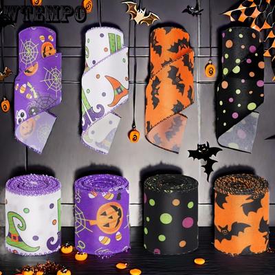 2rolls Halloween Wired Edge Ribbon Spider Web Print Satin Ribbon Halloween Themed Packaging Ribbon Holiday DIY Craft Ribbon for Halloween