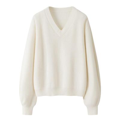 2025 Autumn/Winter Women's Thick V-neck Cashmere Sweater - Drop Shoulder Long Sleeve Knitted Pullover