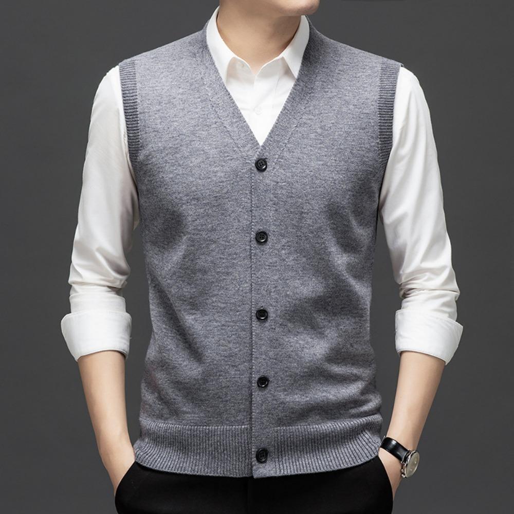 

Single Breasted Pullover Autumn Sleeveless Vests Men Work Sweater Knitted Male Waistcoat Jumper Pullovers Roupas Masculinas 4XL сірий