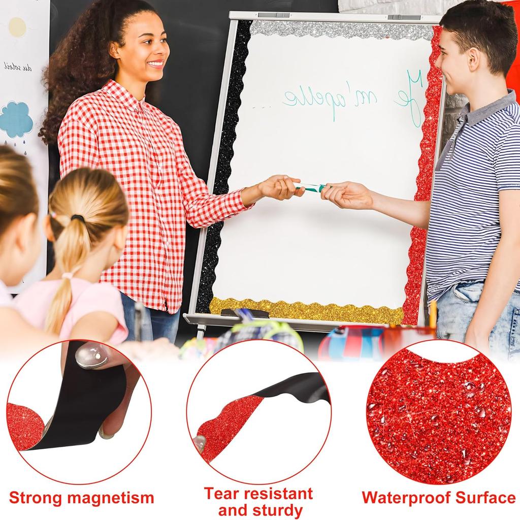 24 PCS Colorful Magnetic Bulletin Board Border Glitter Classroom Border Decor Colorful Scalloped Magnetic Border Trim Strips for School Classroom